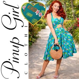 Pin Up Girl Clothing Laura Byrnes Teal Renee Tiki Swing Dress, 2X, NWT!
